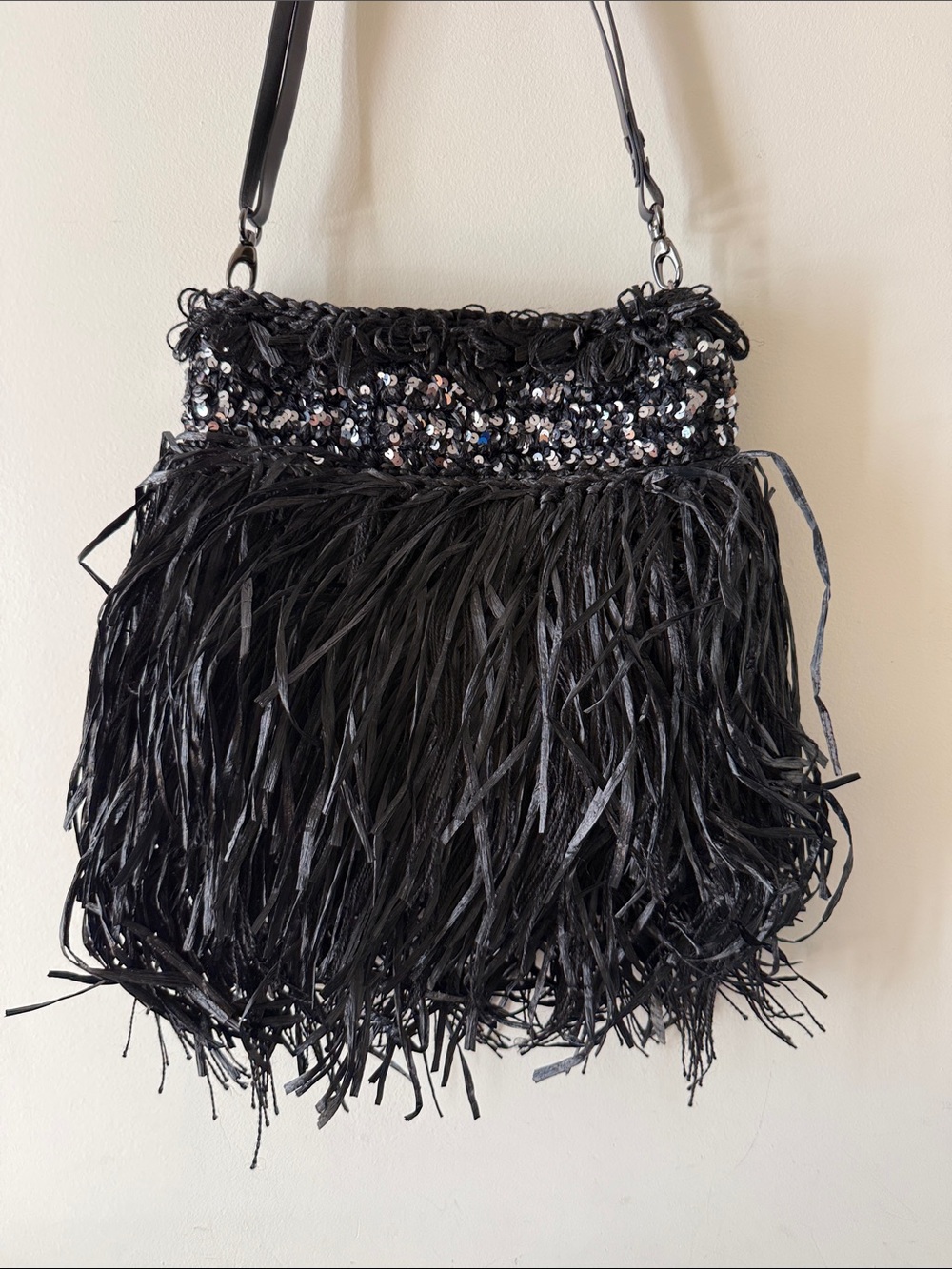 Amazing unique Black Straw Fringe and Sequin Shoulder Bag